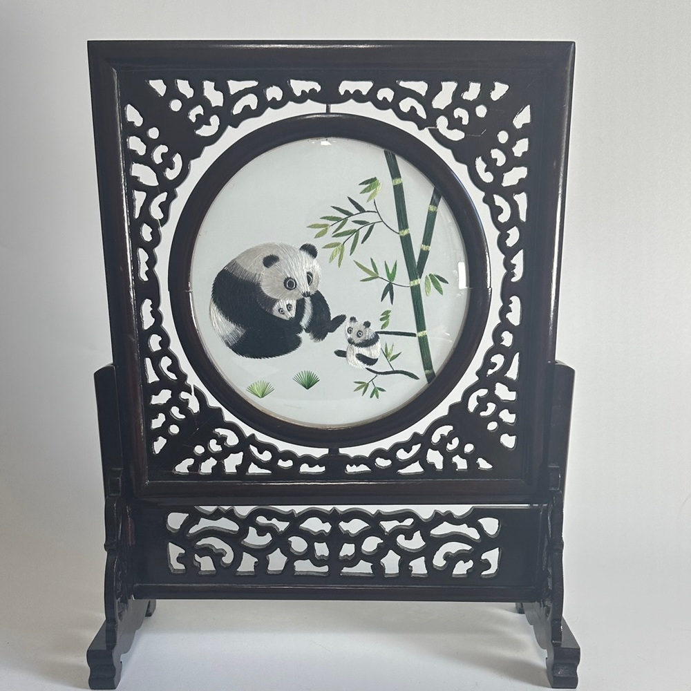 Handcrafted Panda Embroidery Table Screen - Black Frame